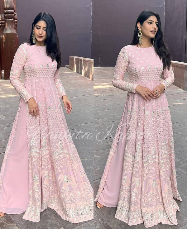 Light Pink Sequence Embroidery Work Long Suit With Palazzo