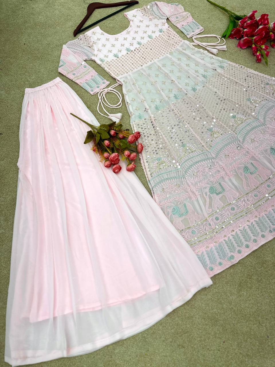 Light Pink Sequence Embroidery Work Long Suit With Palazzo