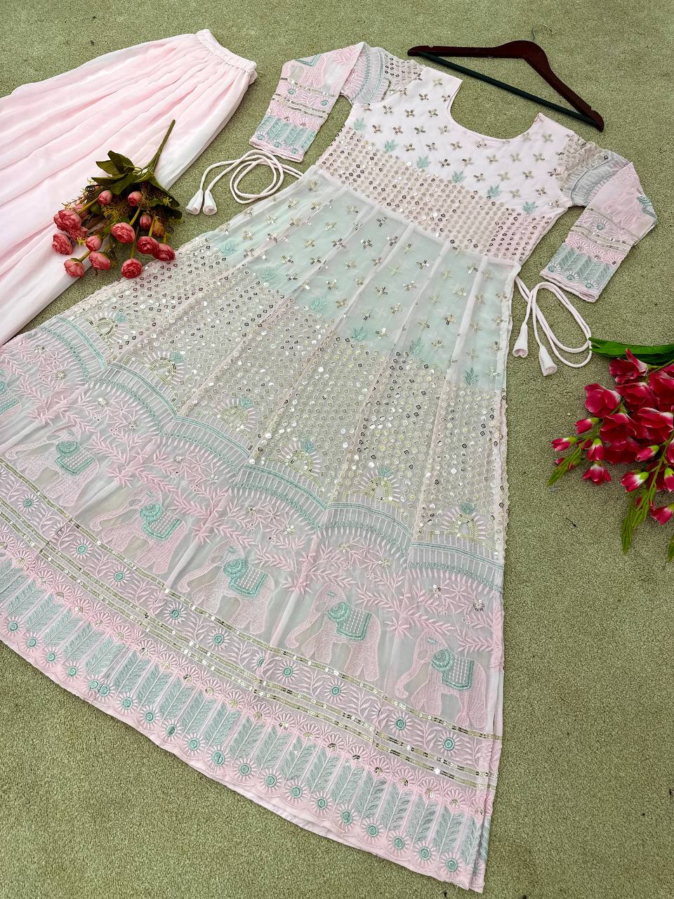 Light Pink Sequence Embroidery Work Long Suit With Palazzo