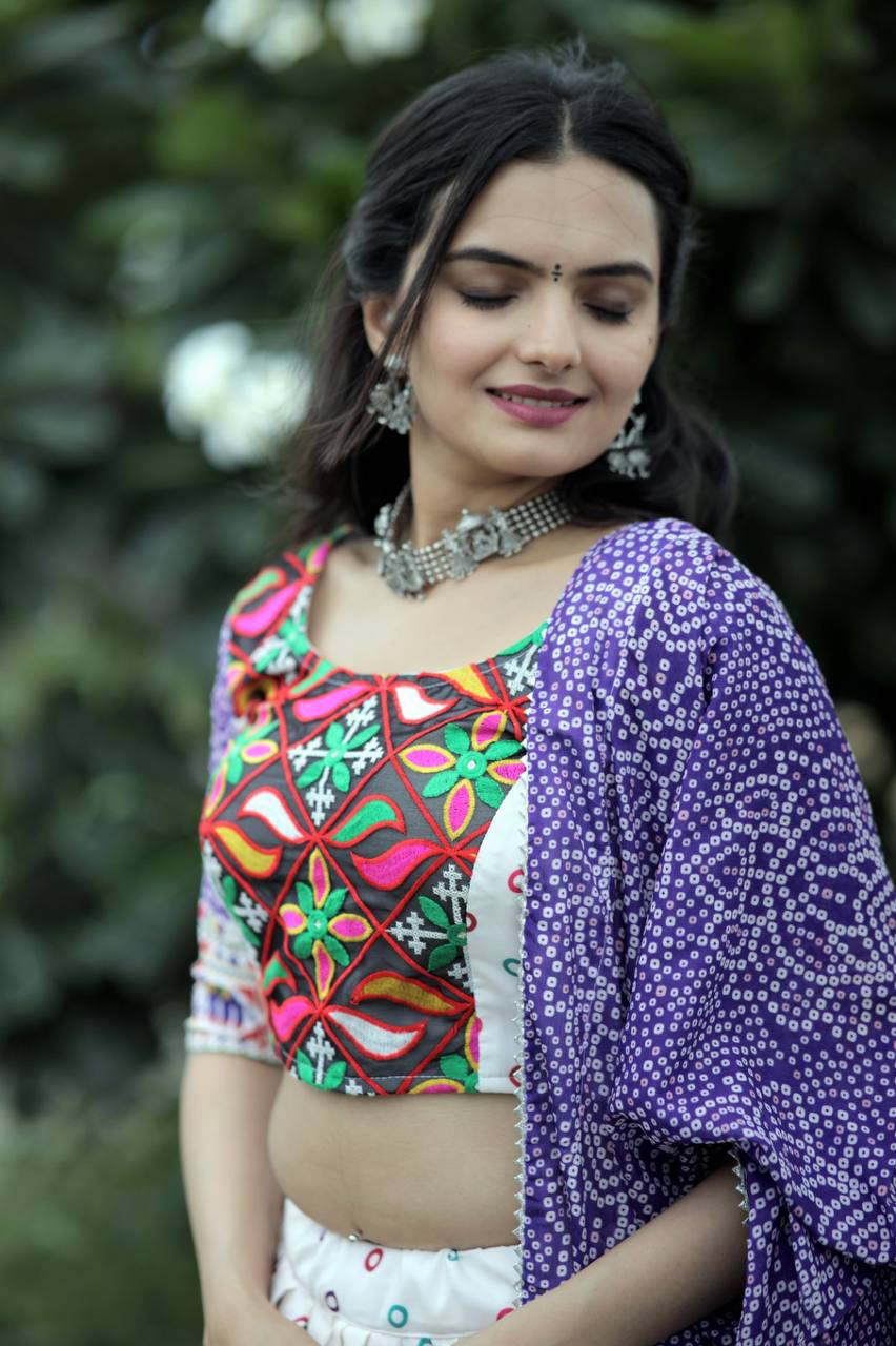 Traditional White With Purple Color Navratri Wear Lehenga Choli