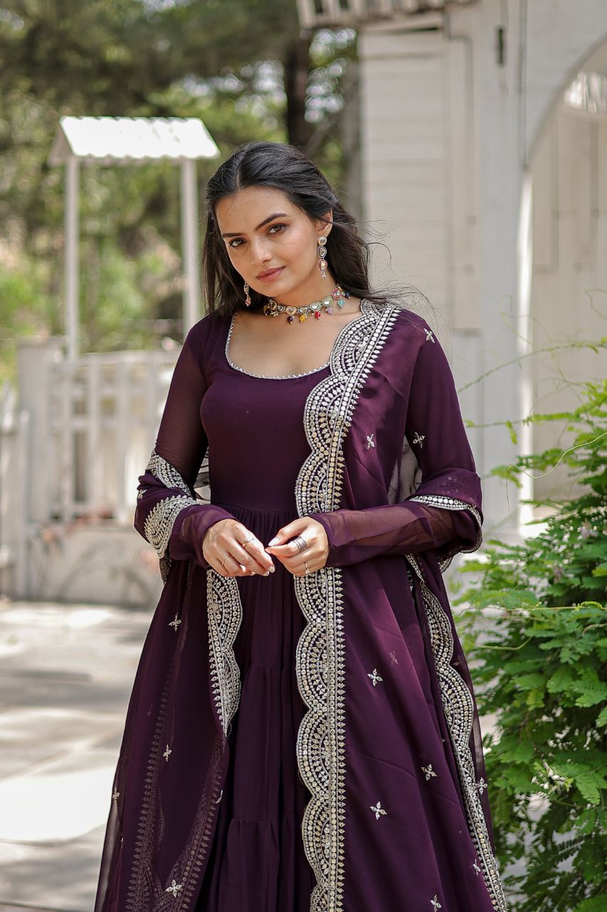 Wine Color Full Sleeves Gown With Cut Work Dupatta