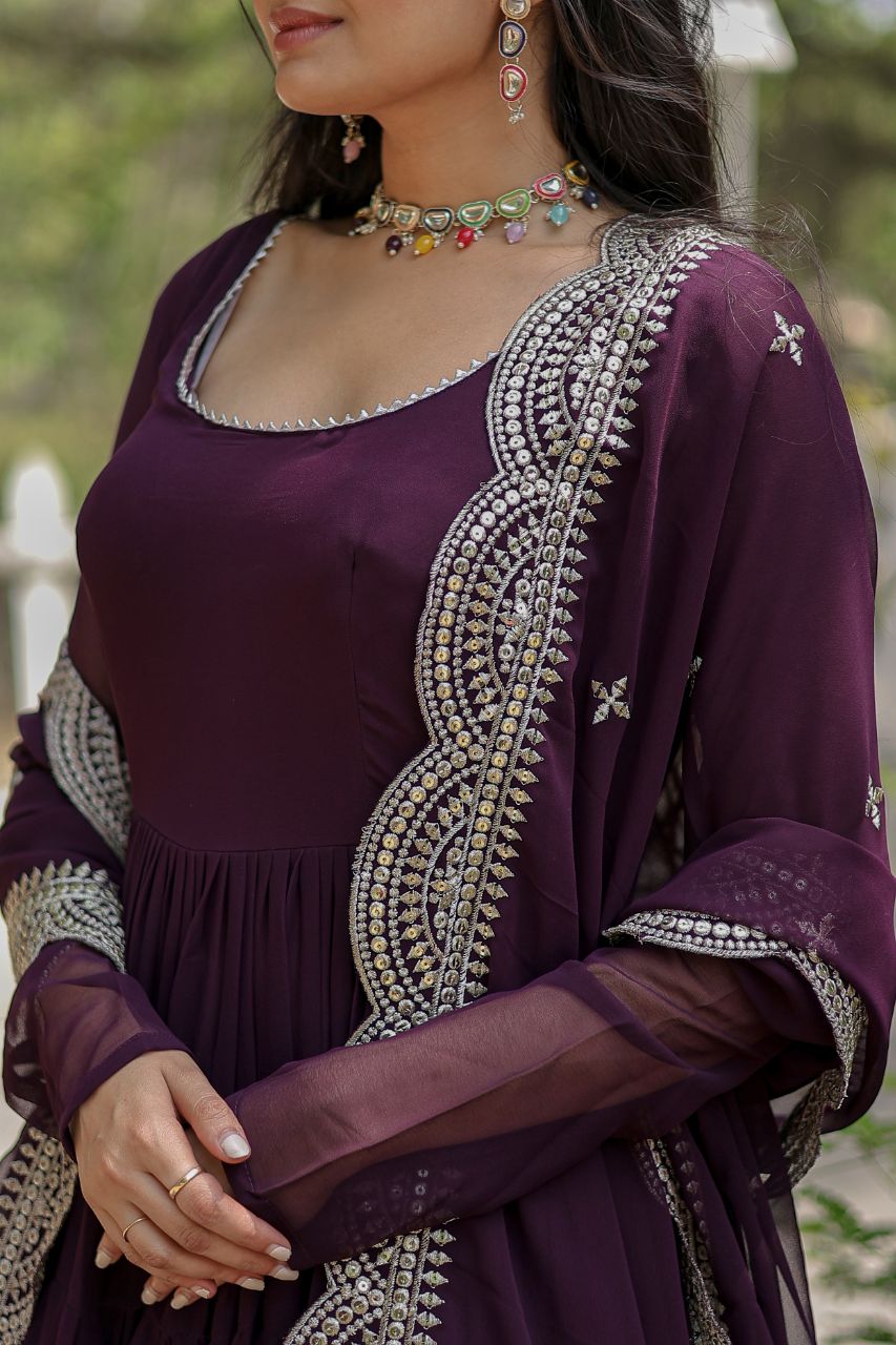 Wine Color Full Sleeves Gown With Cut Work Dupatta