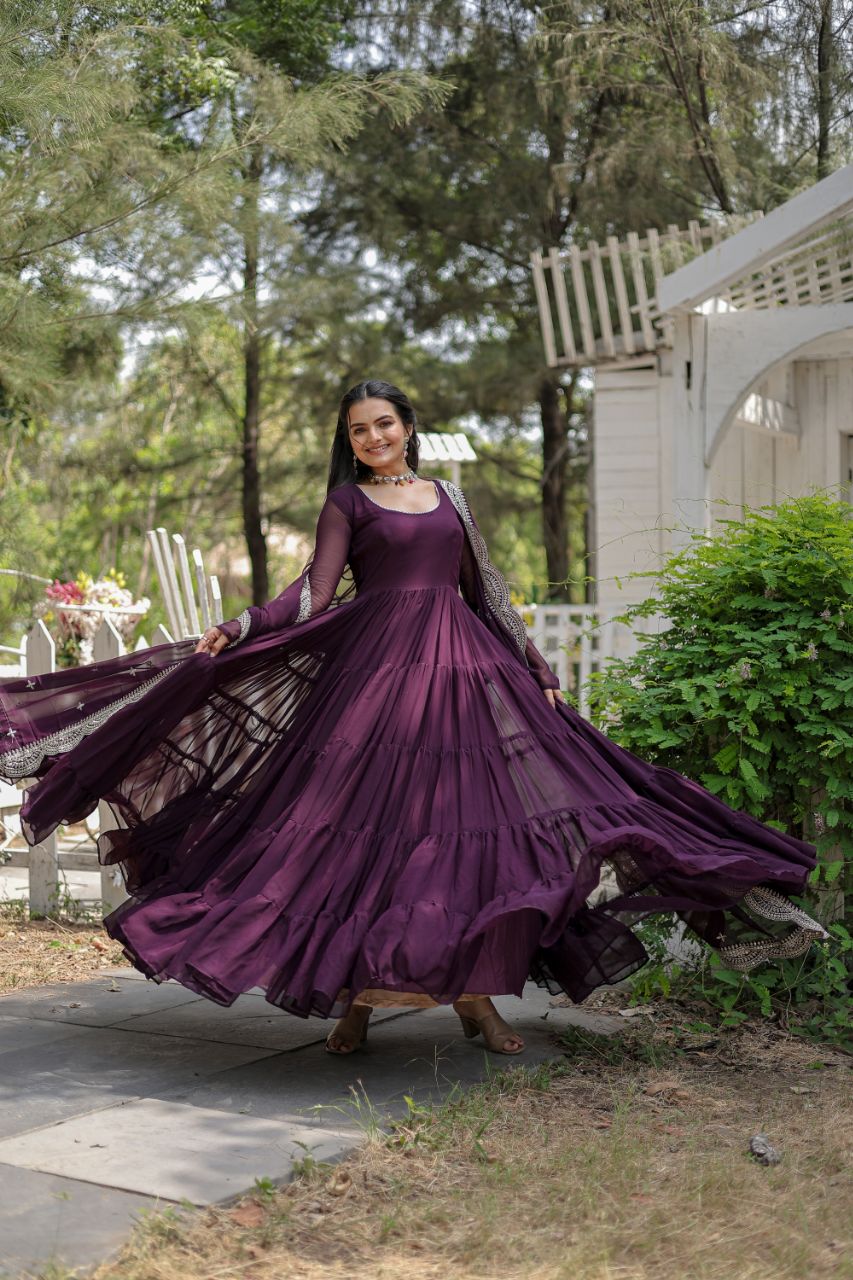 Wine Color Full Sleeves Gown With Cut Work Dupatta