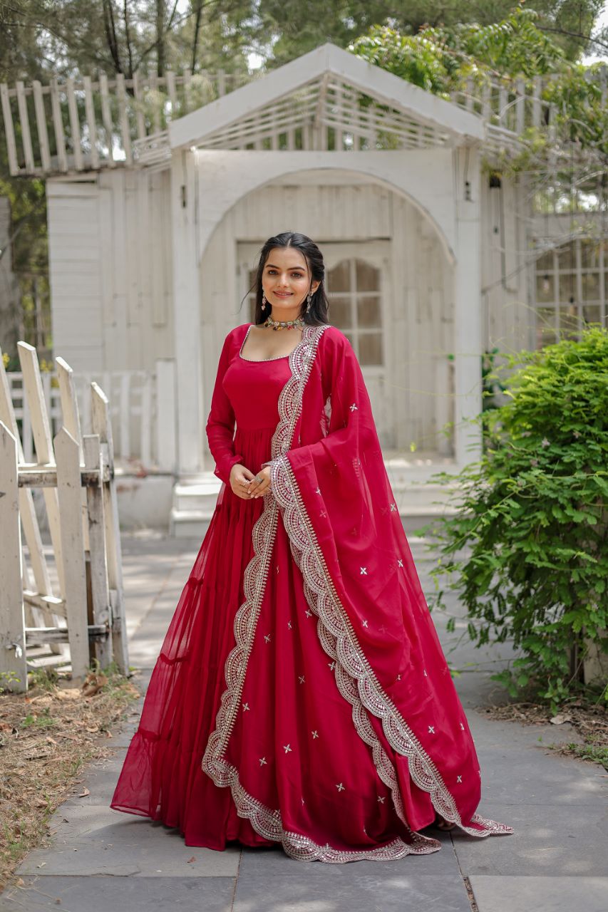 Pink Color Full Sleeves Gown With Cut Work Dupatta