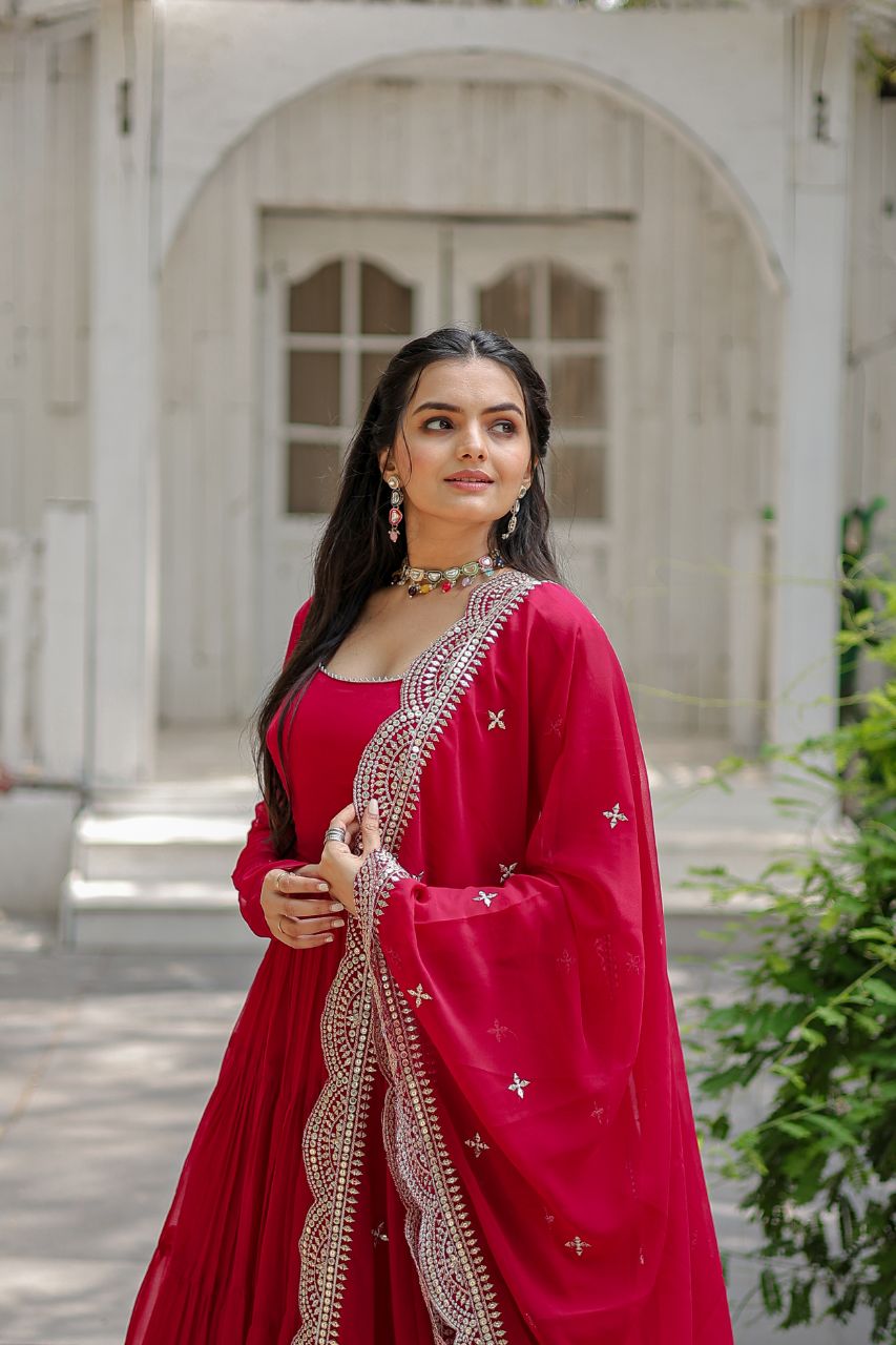 Pink Color Full Sleeves Gown With Cut Work Dupatta