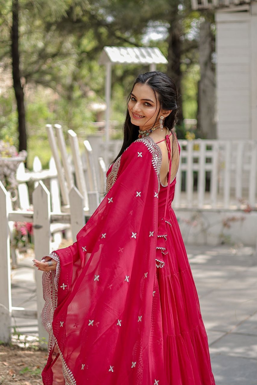 Pink Color Full Sleeves Gown With Cut Work Dupatta