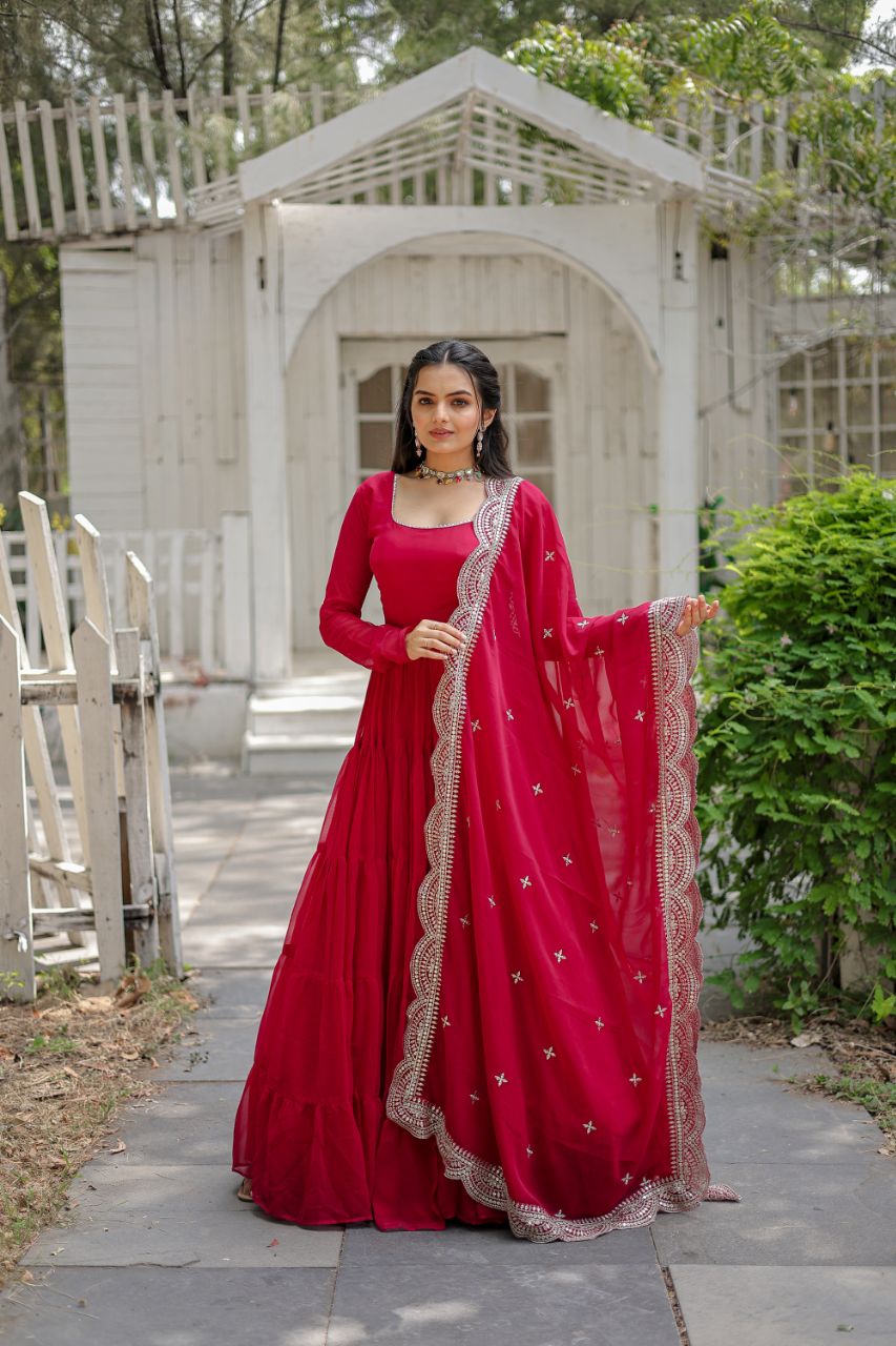 Pink Color Full Sleeves Gown With Cut Work Dupatta