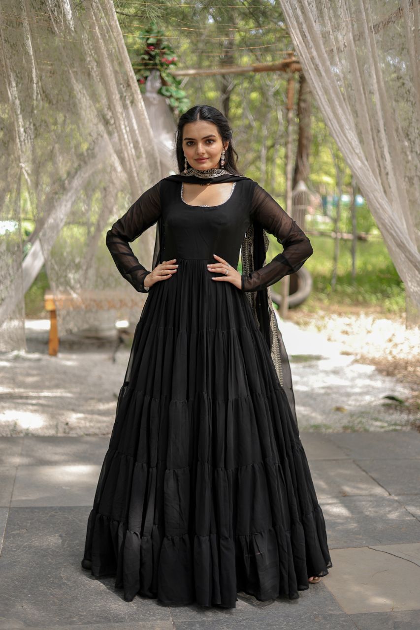 Black Color Full Sleeves Gown With Cut Work Dupatta Vastra Shop Black Color Full Sleeves Gown With Cut Work Dupatta Vastra Shop