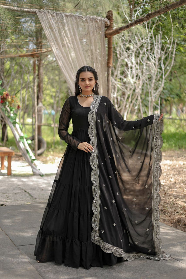 Black Color Full Sleeves Gown With Cut Work Dupatta