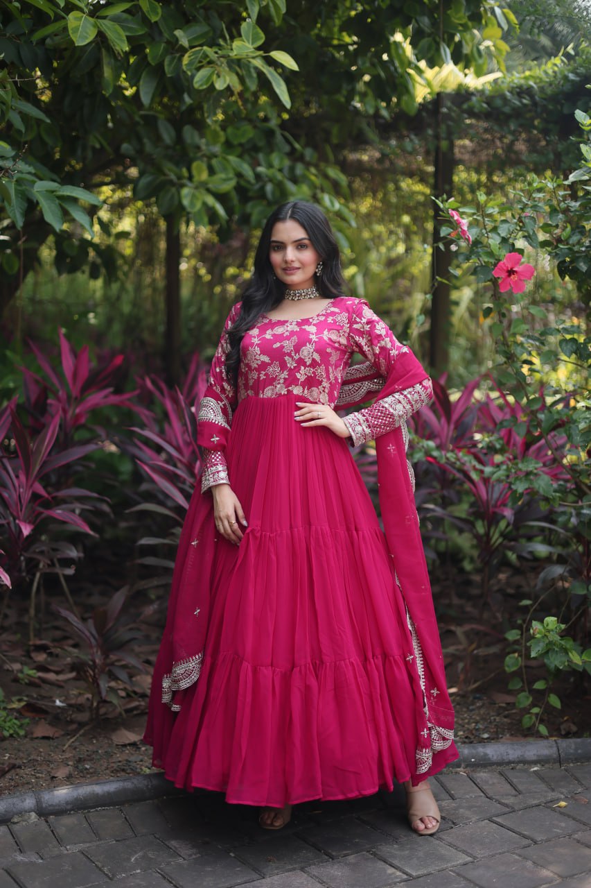 Festive Wear Pink Color Jacquard Work Gown