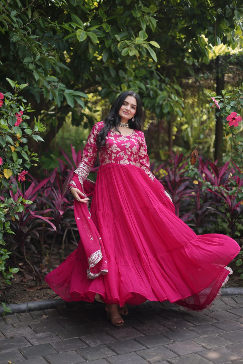 Festive Wear Pink Color Jacquard Work Gown