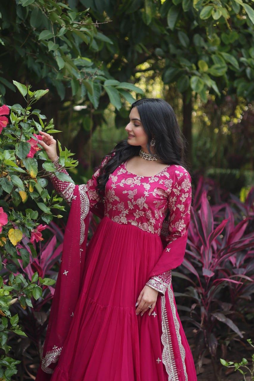 Festive Wear Pink Color Jacquard Work Gown