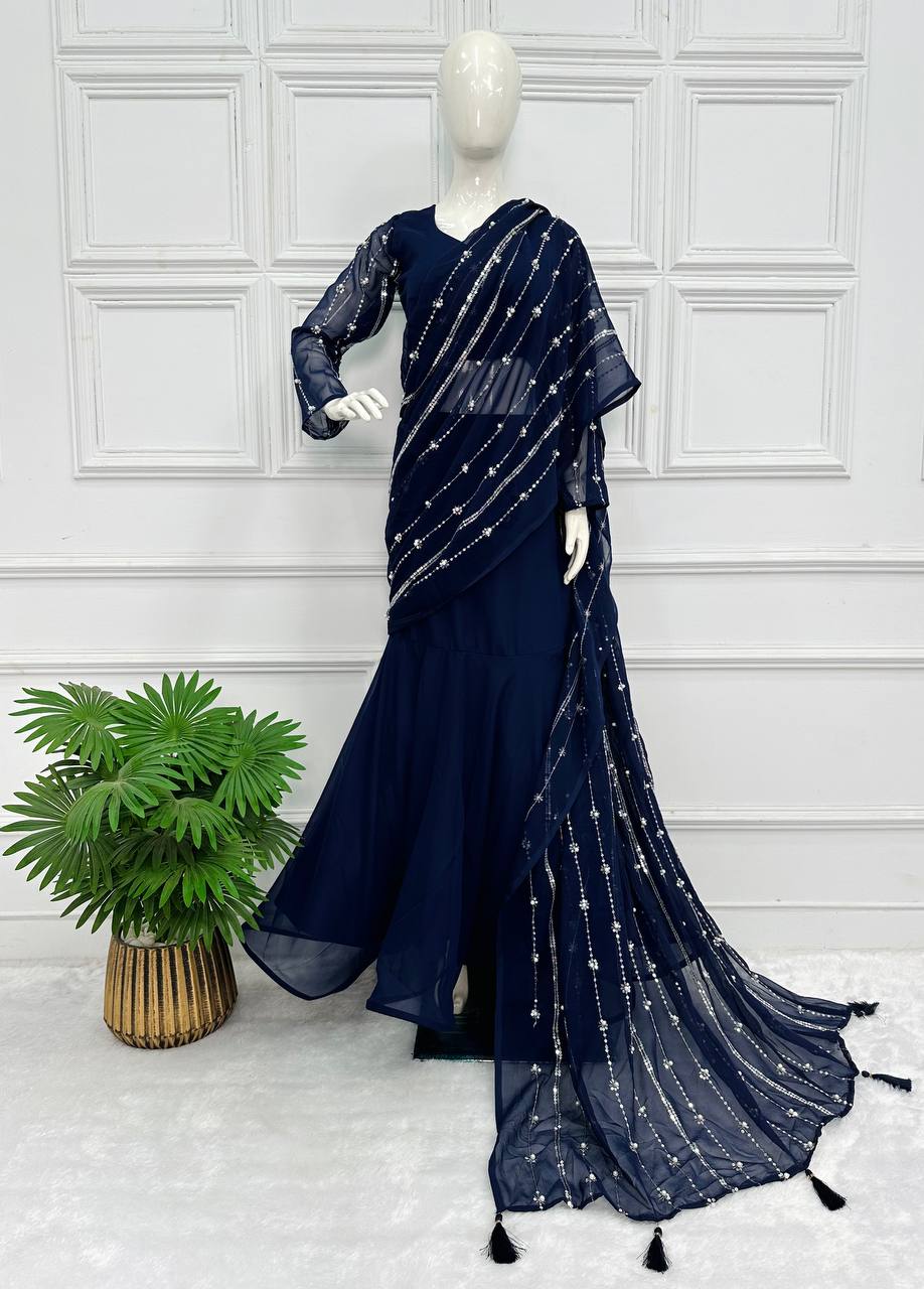 Fashionable Navy Blue Color Lehenga Saree