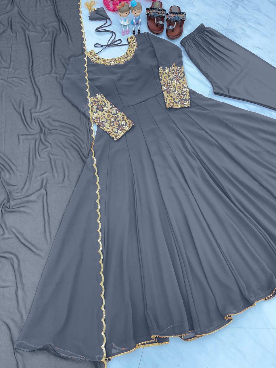 Wonderful Sleeve Work Grey Color Anarkali Suit