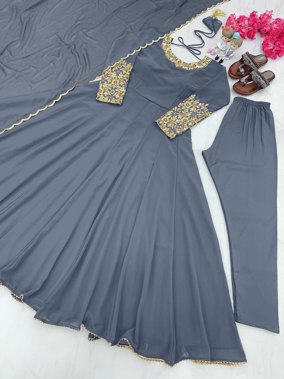 Wonderful Sleeve Work Grey Color Anarkali Suit