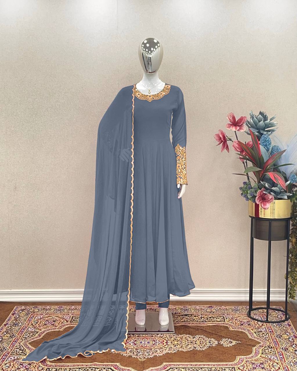 Wonderful Sleeve Work Grey Color Anarkali Suit