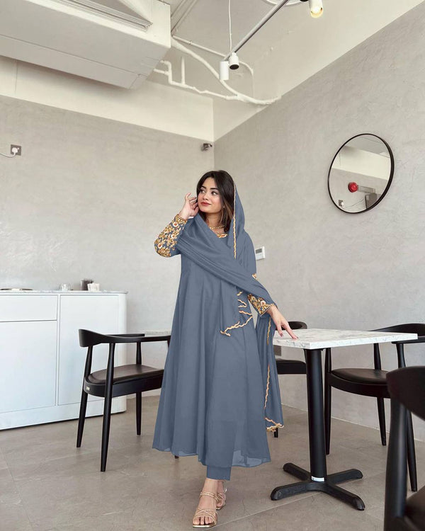 Wonderful Sleeve Work Grey Color Anarkali Suit