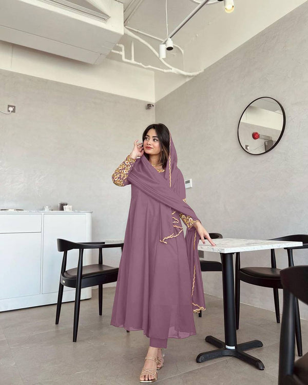 Wonderful Sleeve Work Dusty Pink Color Anarkali Suit