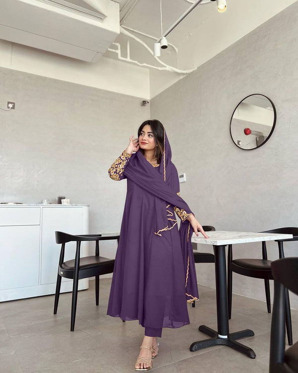 Wonderful Sleeve Work Purple Color Anarkali Suit