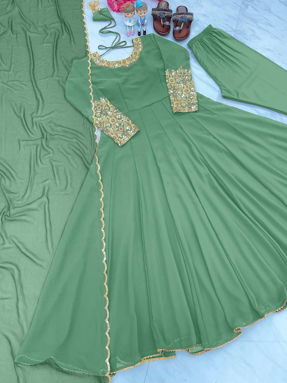 Wonderful Sleeve Work Pista Color Anarkali Suit