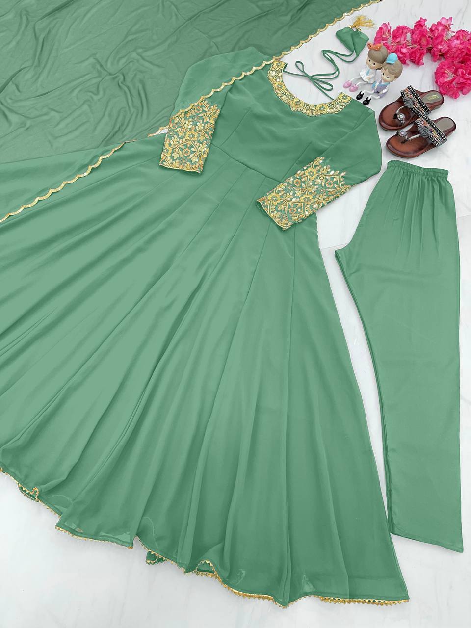 Wonderful Sleeve Work Pista Color Anarkali Suit