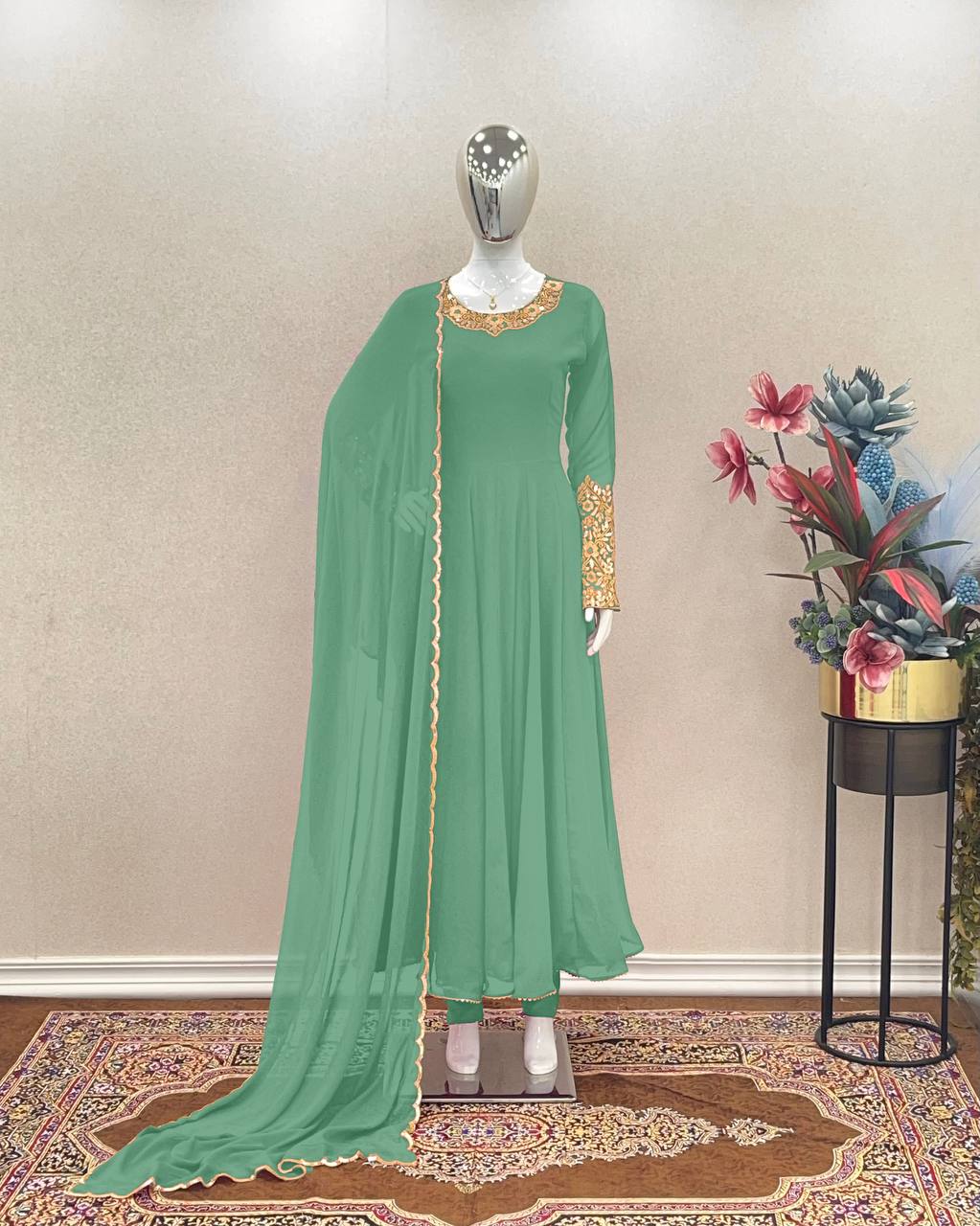 Wonderful Sleeve Work Pista Color Anarkali Suit
