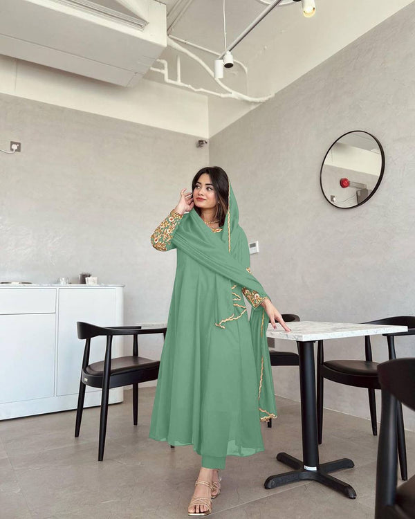 Wonderful Sleeve Work Pista Color Anarkali Suit