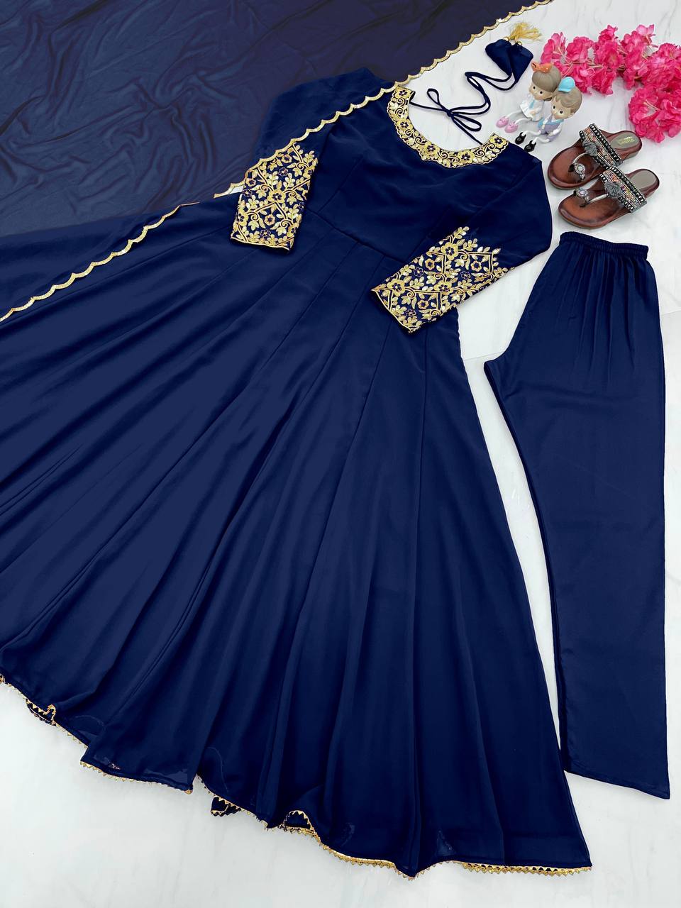 Wonderful Sleeve Work Navy Blue Color Anarkali Suit