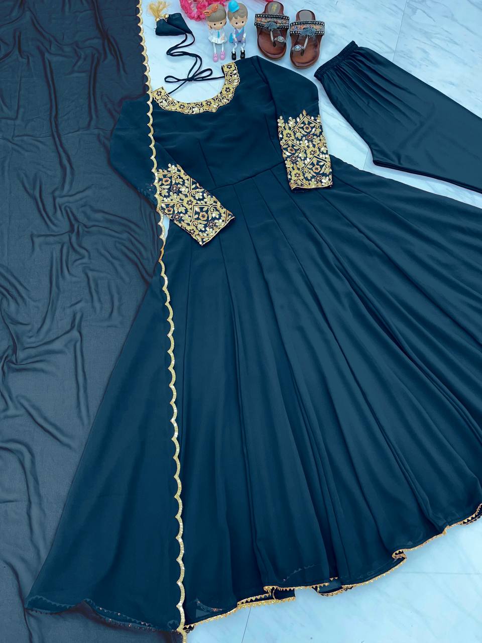 Wonderful Sleeve Work Teal Blue Color Anarkali Suit