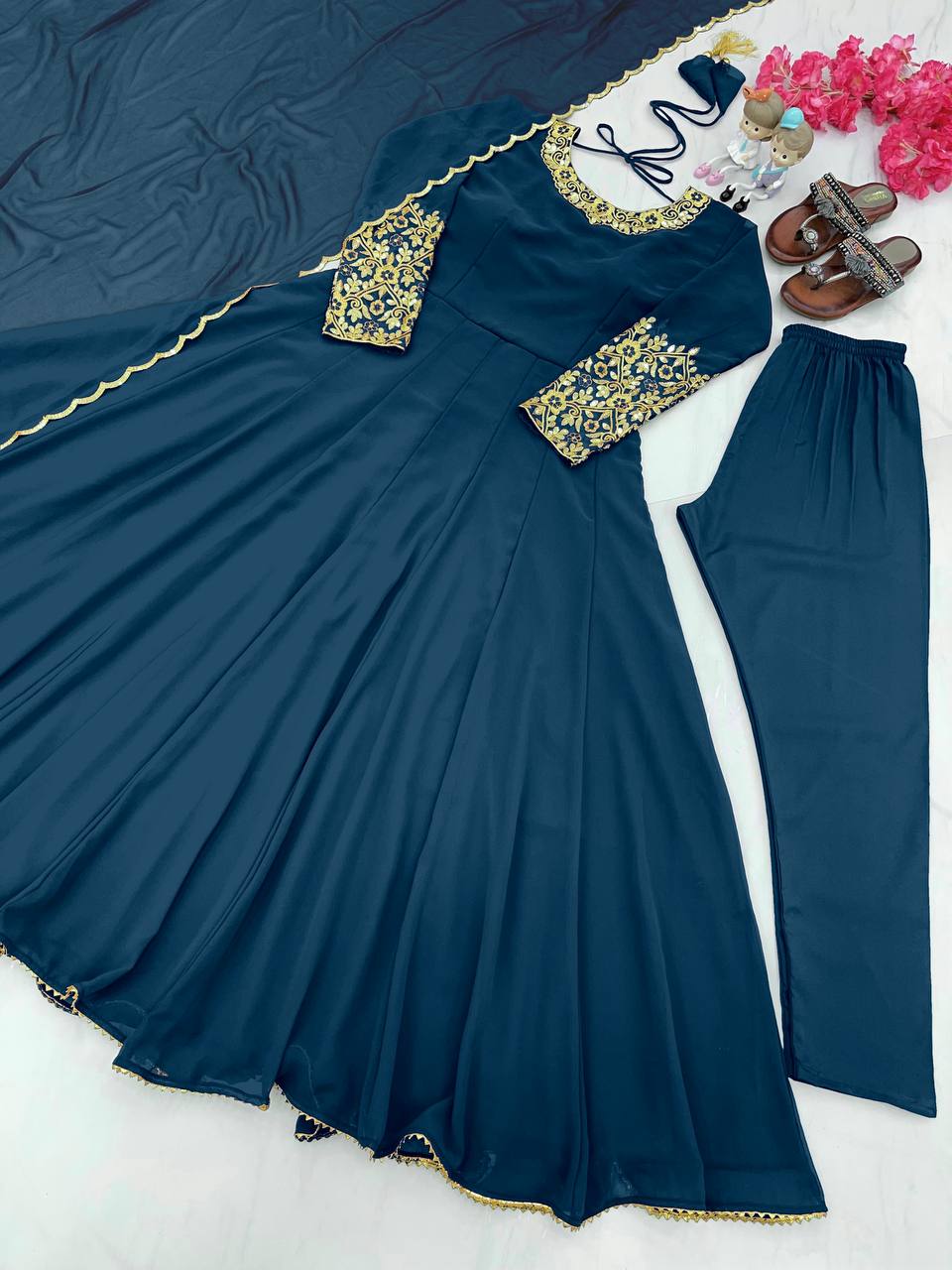 Wonderful Sleeve Work Teal Blue Color Anarkali Suit