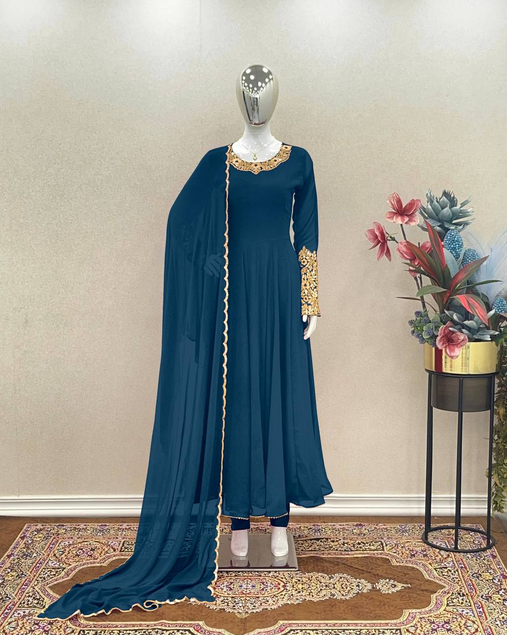 Wonderful Sleeve Work Teal Blue Color Anarkali Suit
