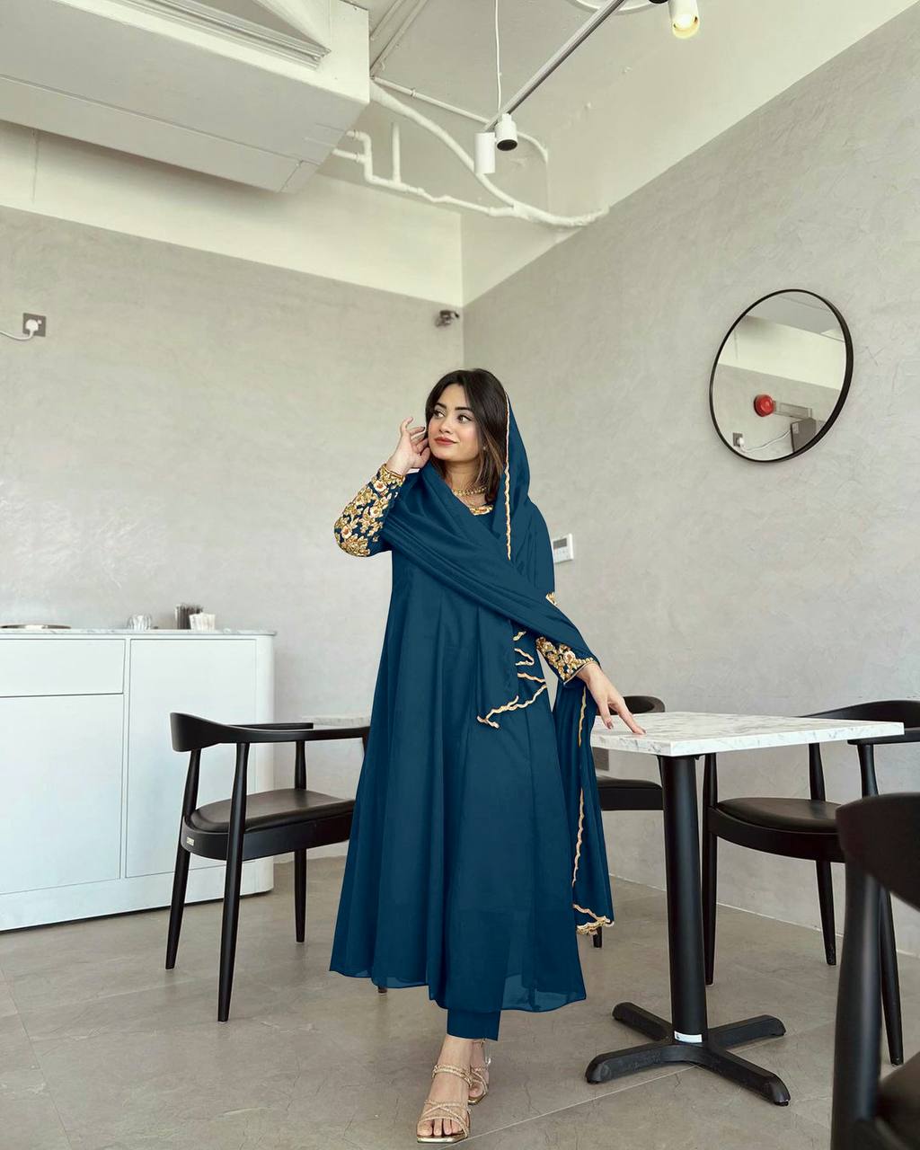 Wonderful Sleeve Work Teal Blue Color Anarkali Suit
