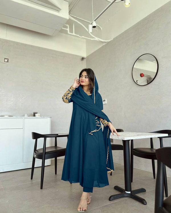Wonderful Sleeve Work Teal Blue Color Anarkali Suit