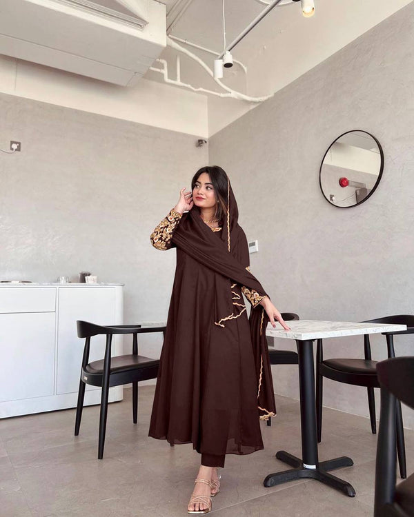 Wonderful Sleeve Work Brown Color Anarkali Suit