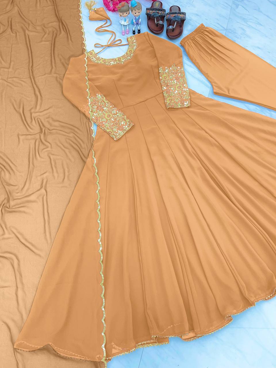 Wonderful Sleeve Work Beige Color Anarkali Suit