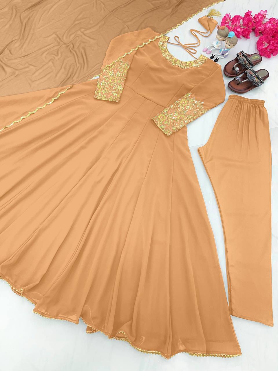 Wonderful Sleeve Work Beige Color Anarkali Suit