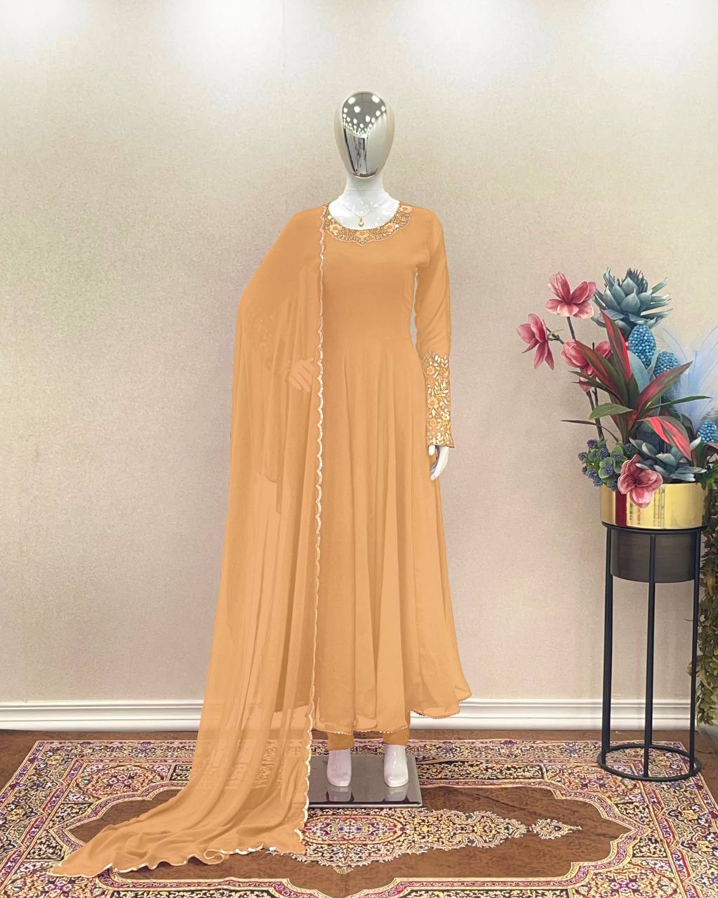 Wonderful Sleeve Work Beige Color Anarkali Suit