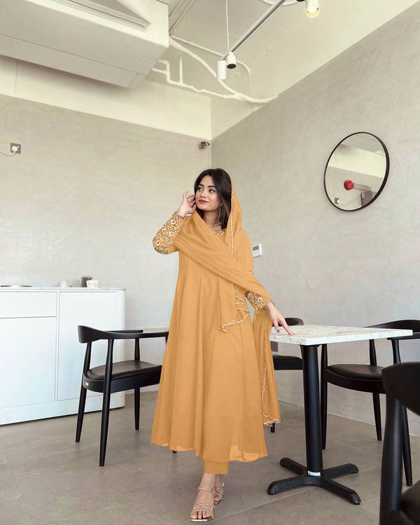 Wonderful Sleeve Work Beige Color Anarkali Suit