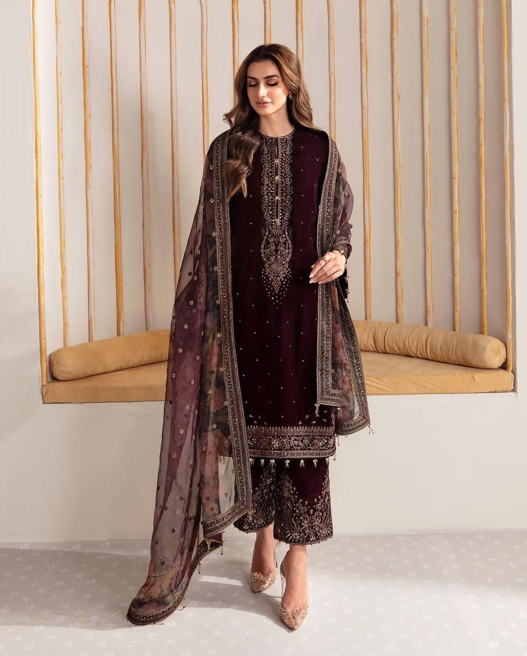 Ceremony Wear Maroon Color Velvet Palazzo Suit