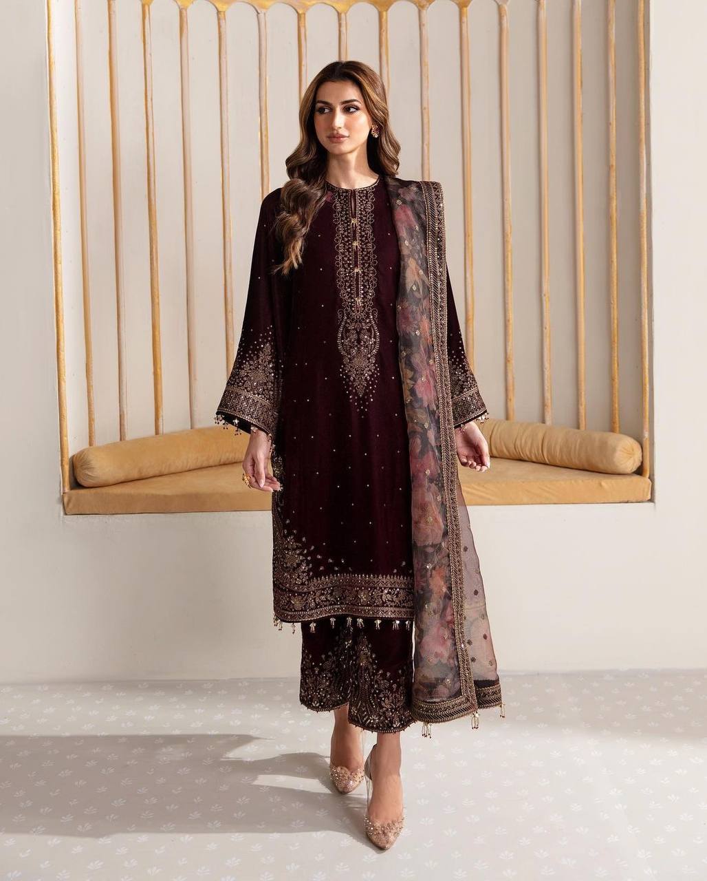 Ceremony Wear Maroon Color Velvet Palazzo Suit