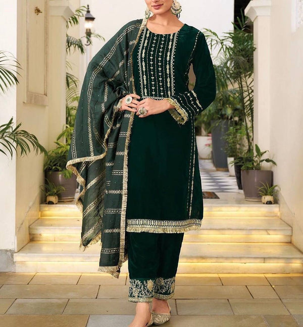 Opulent Green Color Embroidery Work Velvet Salwar Suit