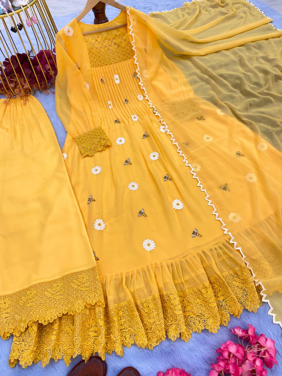 Trendy Yellow Color Thread Work Palazzo Suit