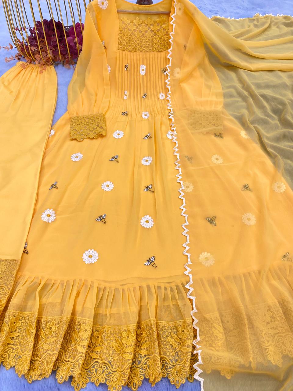 Trendy Yellow Color Thread Work Palazzo Suit