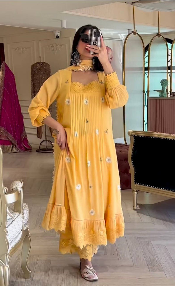 Trendy Yellow Color Thread Work Palazzo Suit