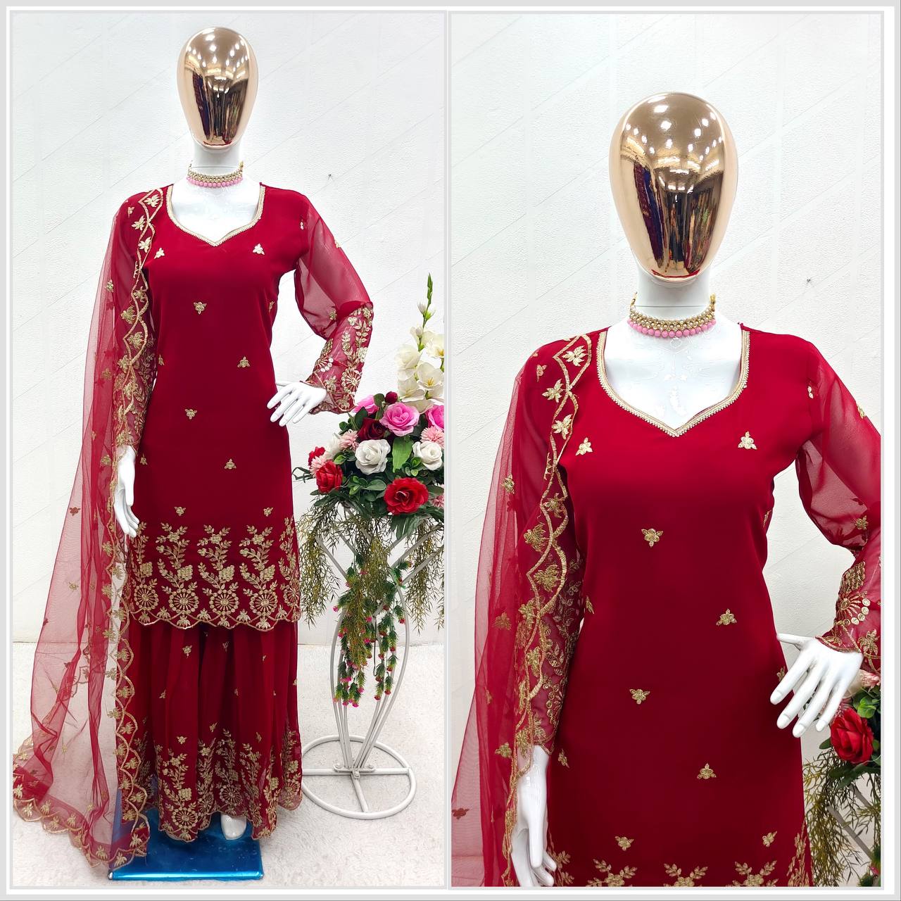 Attractive Embroidery Work Red Color Sharara Suit