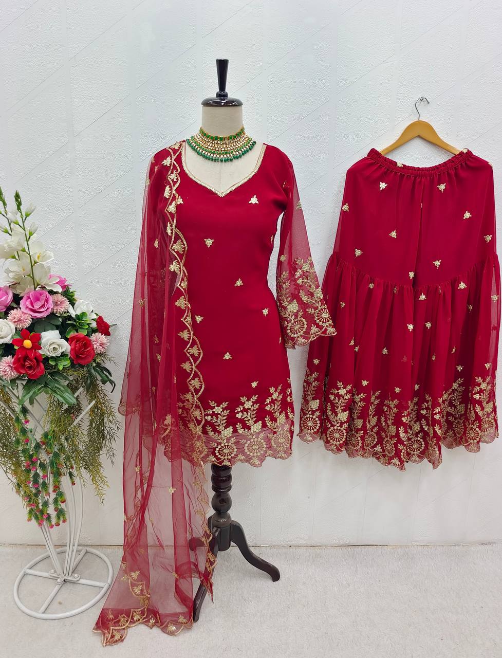 Attractive Embroidery Work Red Color Sharara Suit