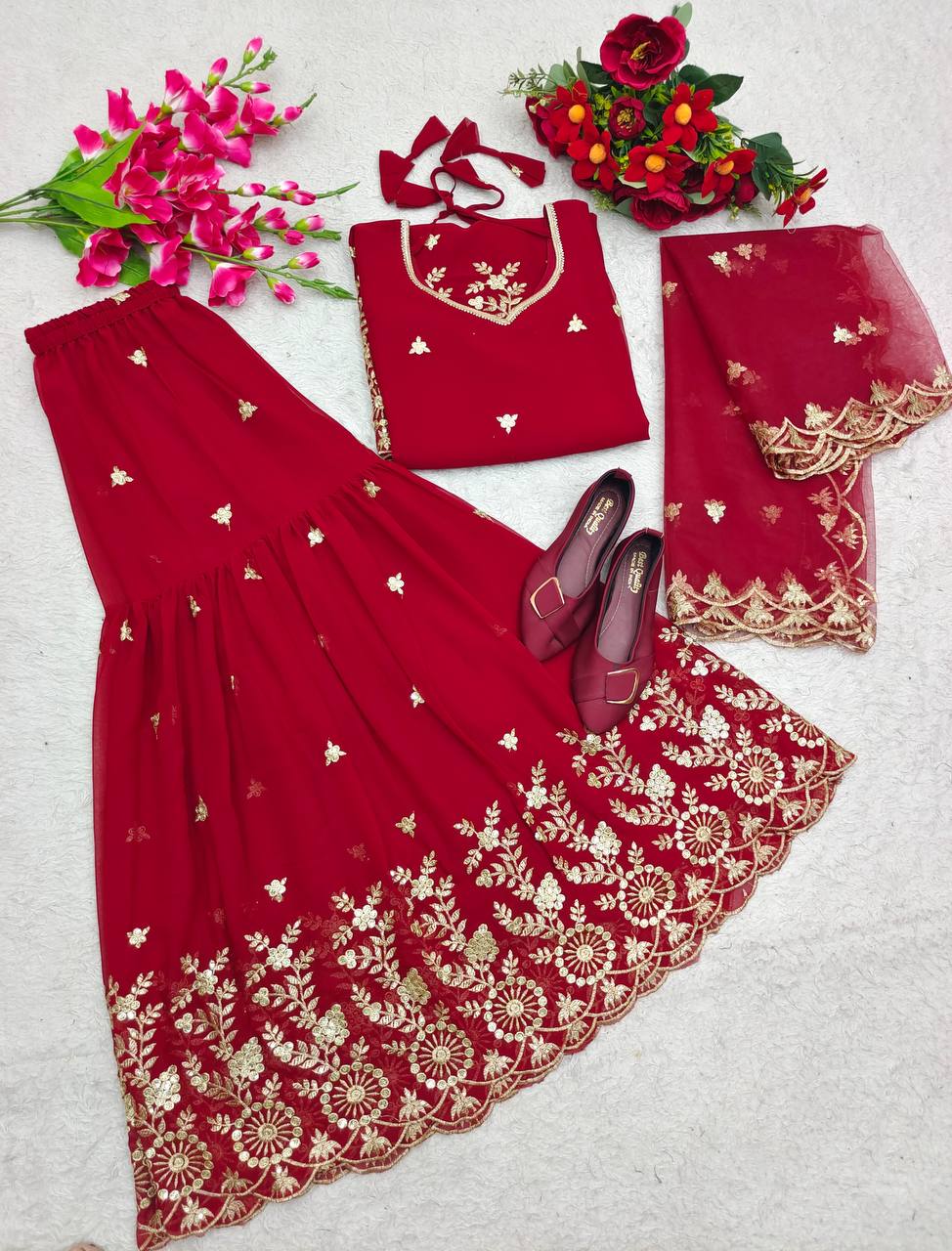 Attractive Embroidery Work Red Color Sharara Suit