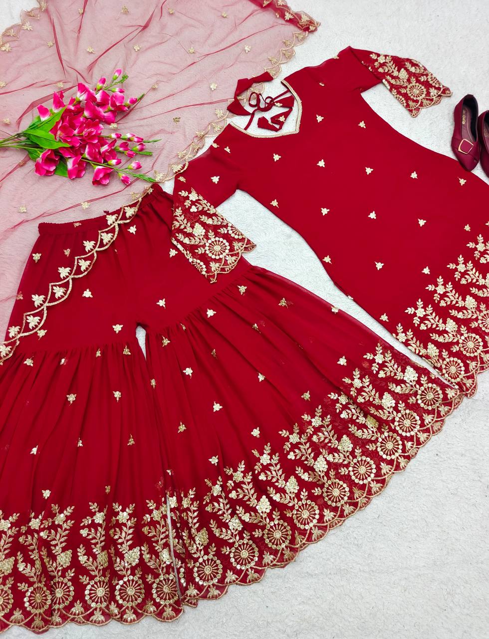 Attractive Embroidery Work Red Color Sharara Suit