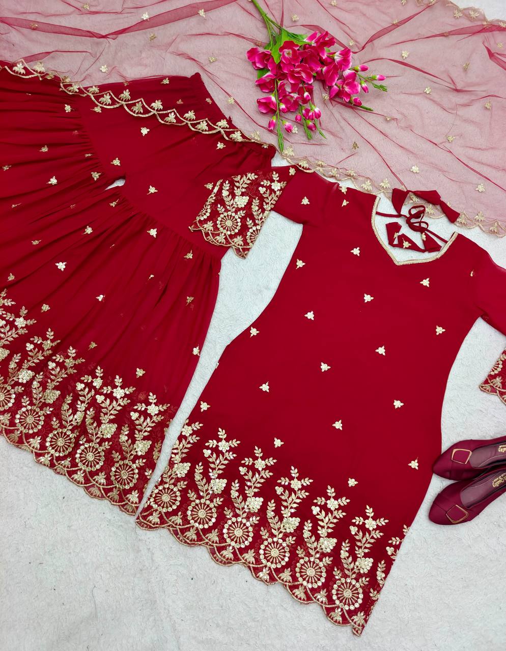 Attractive Embroidery Work Red Color Sharara Suit