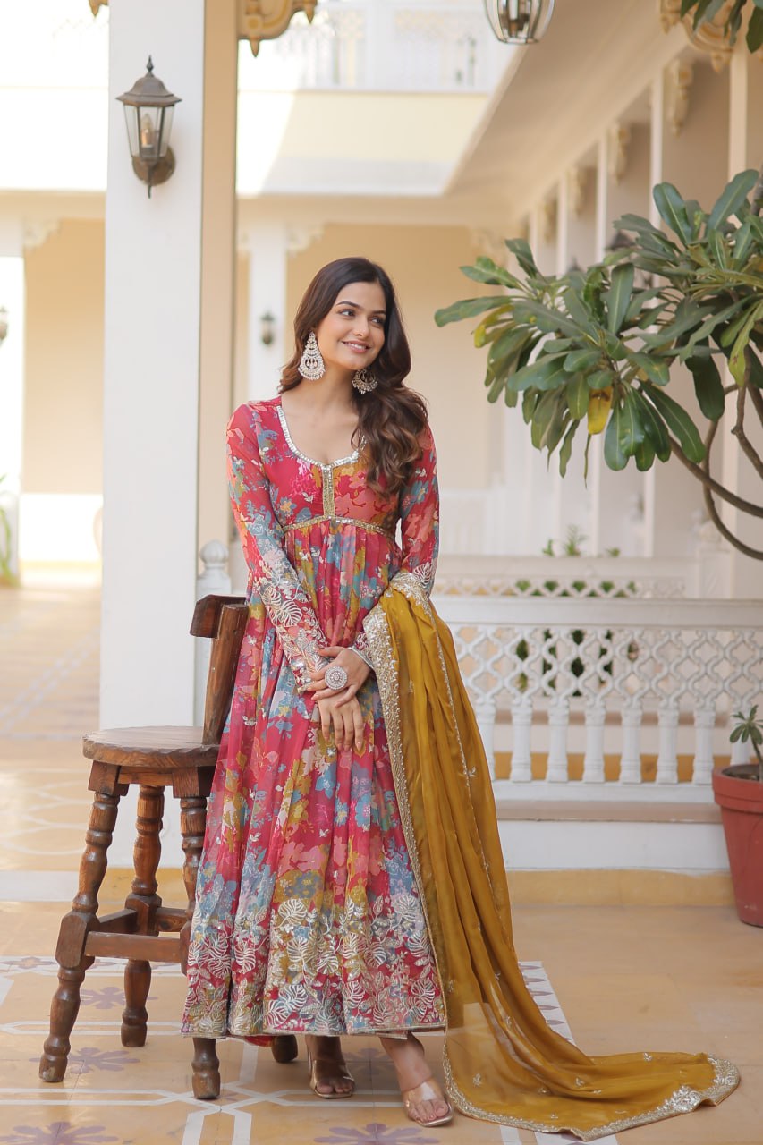 Wonderful Pink Color Printed Gown With Cream Dupatta